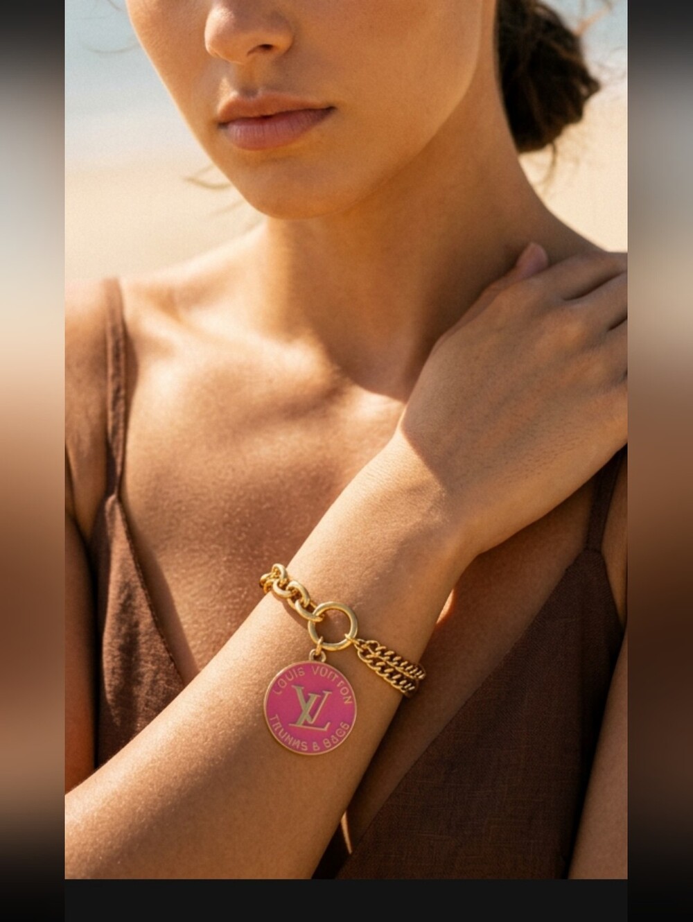 Hot Pink/Gold Trunks & Bags, Stainless Steel Gold Plated, Adjustable Bracelet